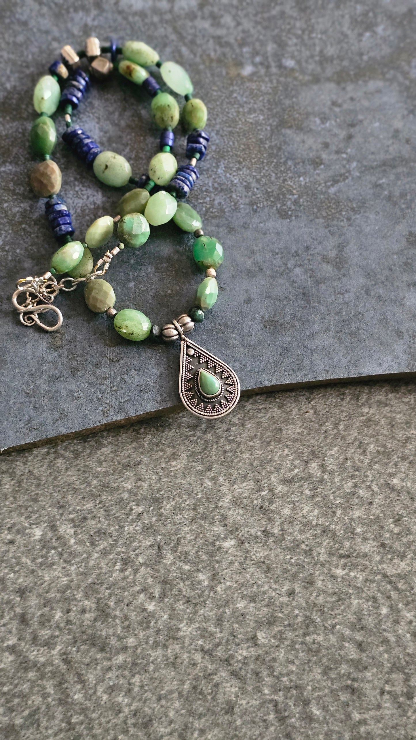 Olive green Chrysoprase & Lapis Statement Necklace in 92.5 Silver