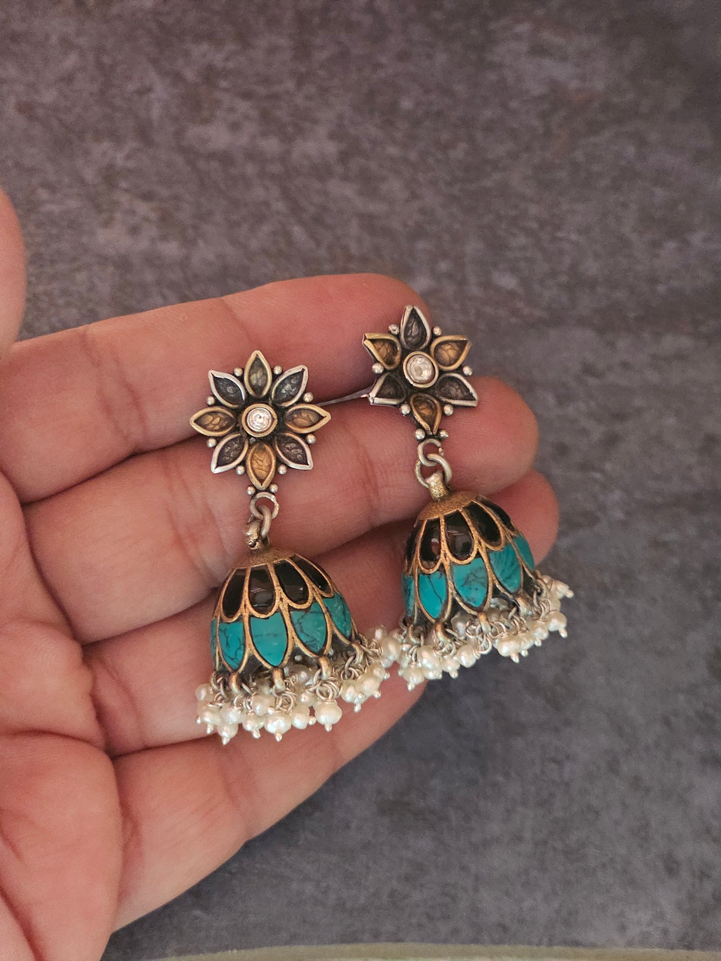 Turquoise and lapis lazuli fusion silver jhumkas