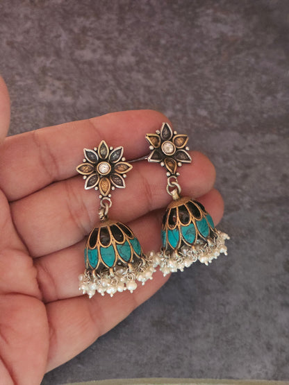 Turquoise and lapis lazuli fusion silver jhumkas