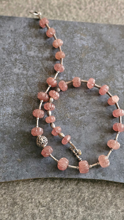 Strawberry quartz in peach color necklace with silver tubes