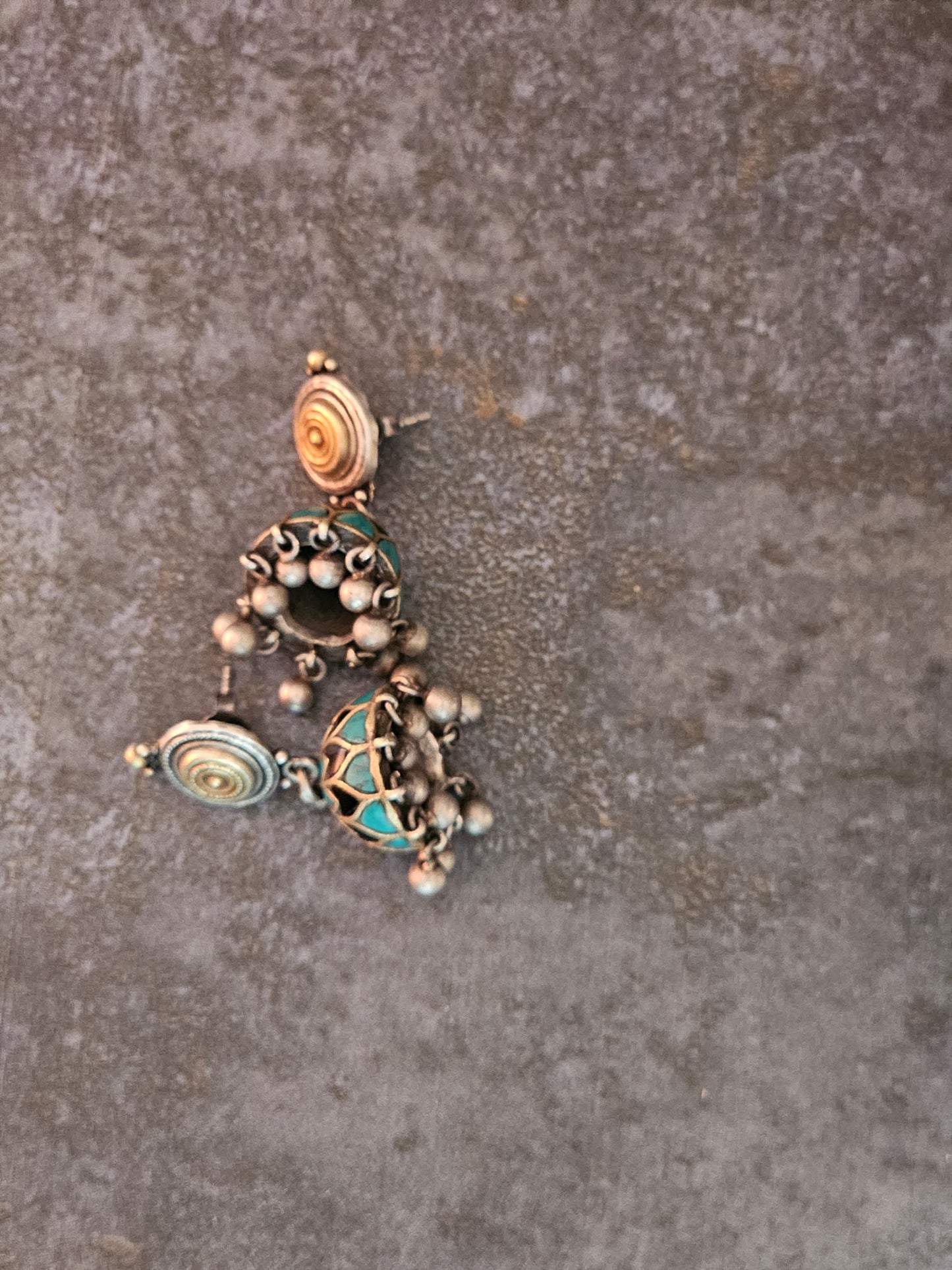 Lapis lazuli and turquoise detailed silver jhumkas