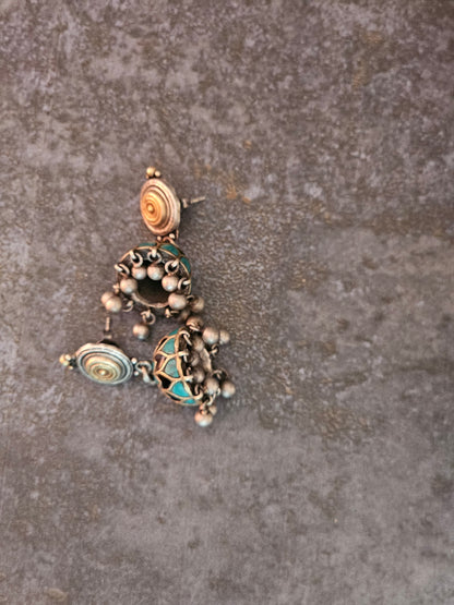 Lapis lazuli and turquoise detailed silver jhumkas