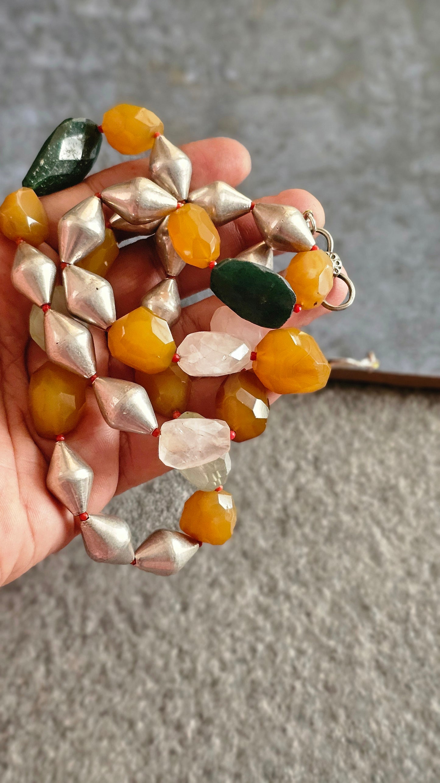 Mixed gemstones necklace with silver wax dholki beads