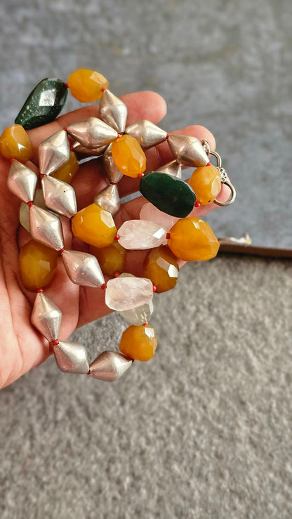 Mixed gemstones necklace with silver wax dholki beads