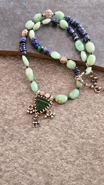 Lapis and Chrysoprace necklace with vintage glass pendant