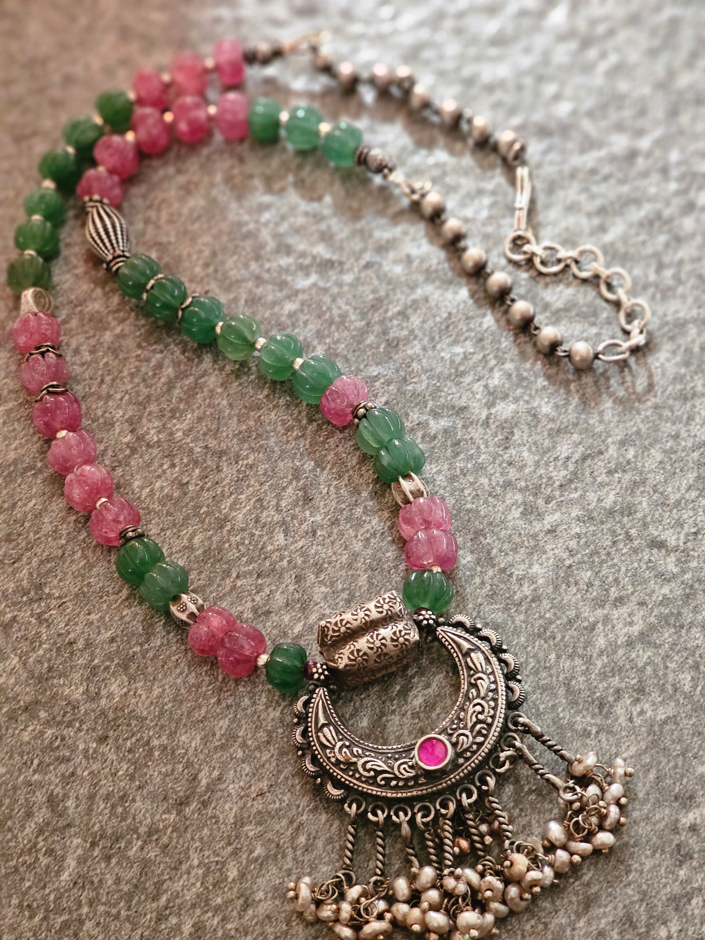 Chaandbali Pendant with lavender jade and green strawberry quartz