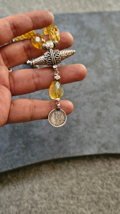 Yellow citrine quartz necklace vintage silver coin pendant