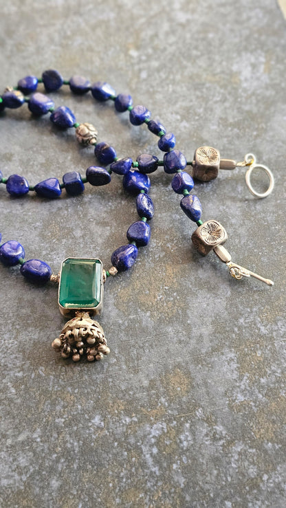 Lapis lazuli nuggets necklace vintage silver pendant