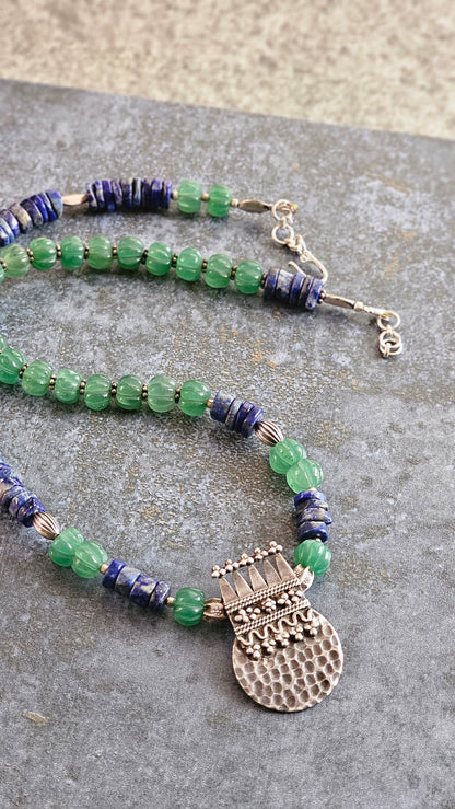 Strawberry quartz and lapis lazuli necklace with vintage elements