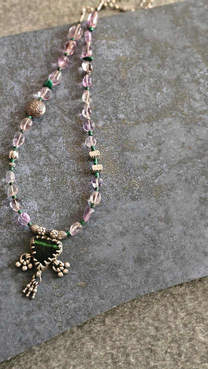 Vintage Glass Pendant Necklace with Amethyst & Malachite in 92.5 Silver