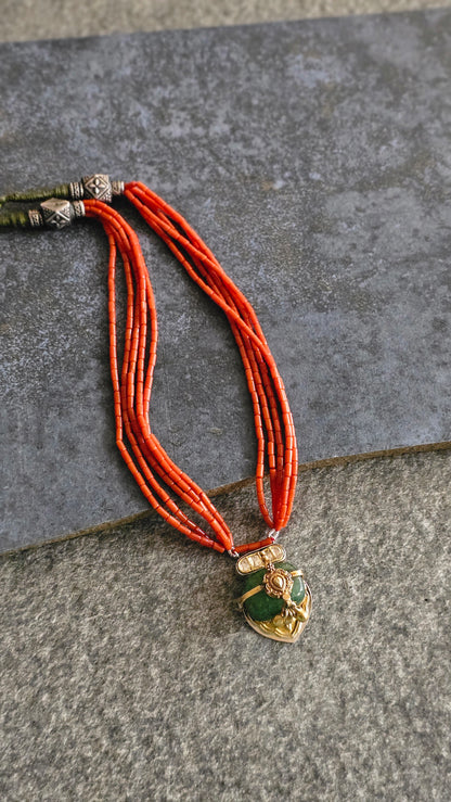 Italian Coral strings necklace with emerald tumble