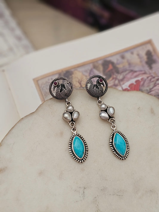 Turquoise & Pearl Silver Danglers with Peacock Studs | 92.5 Handcrafted Jewelry
