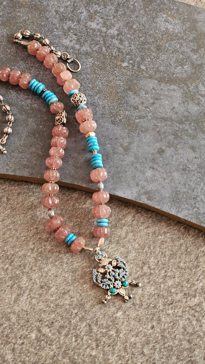 Peach Strawberry Quartz & Turquoise Peacock Pendant Necklace (92.5 Silver)