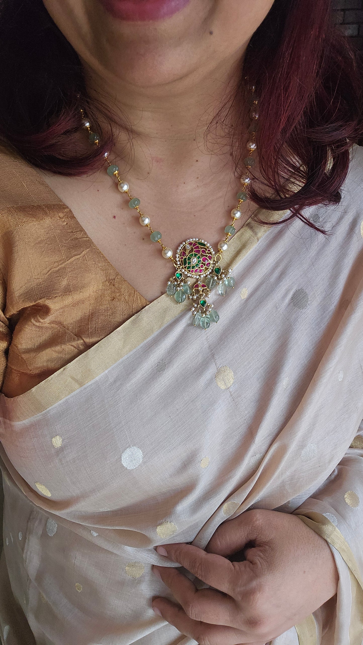 Nizam-Inspired Kundan Pendant Necklace in 92.5 Silver with Strawberry Quartz & Swarovski Pearls