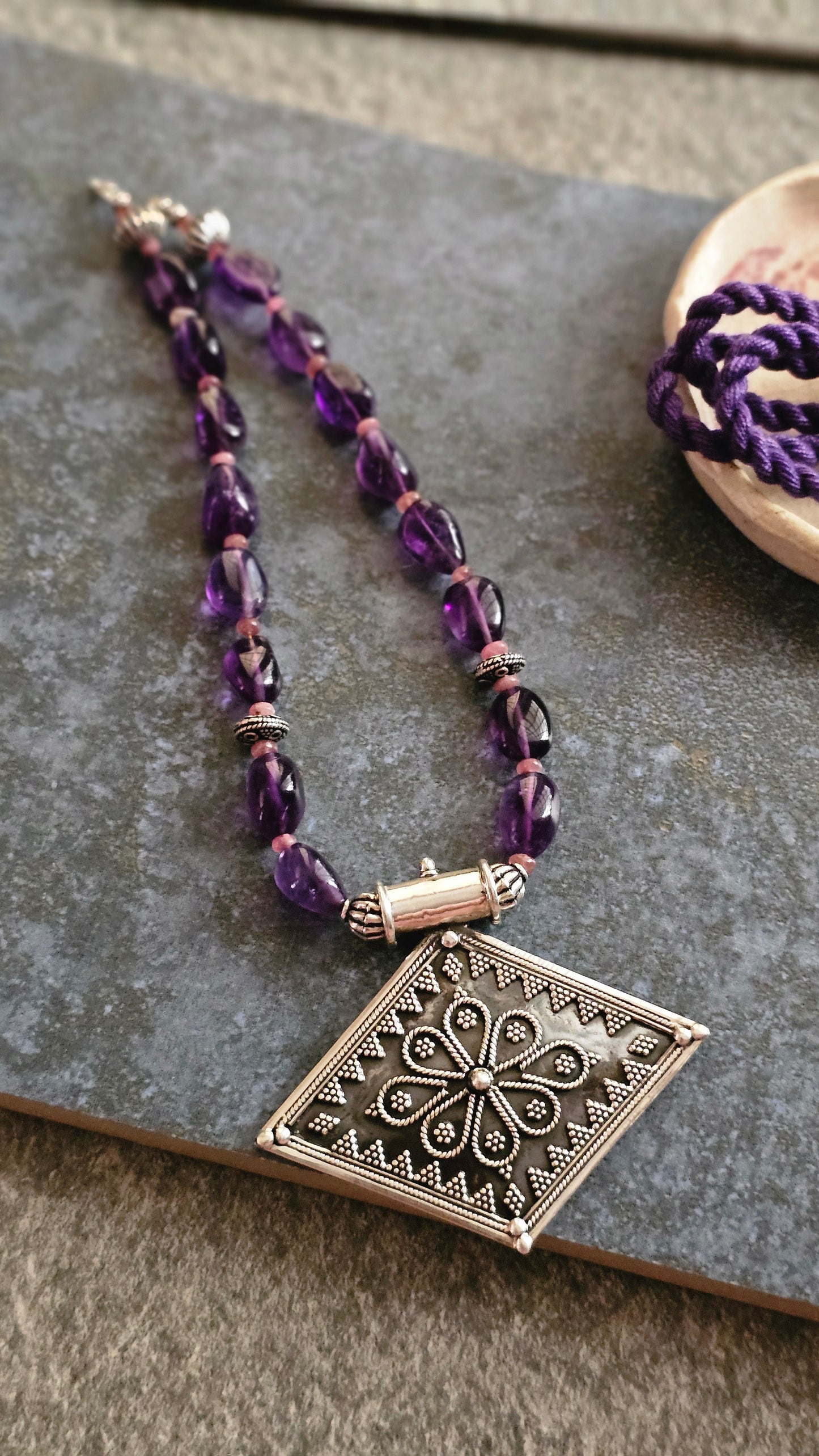 Nirjara – Amethyst & Rawa Silver Pendant Necklace | Soul Strung