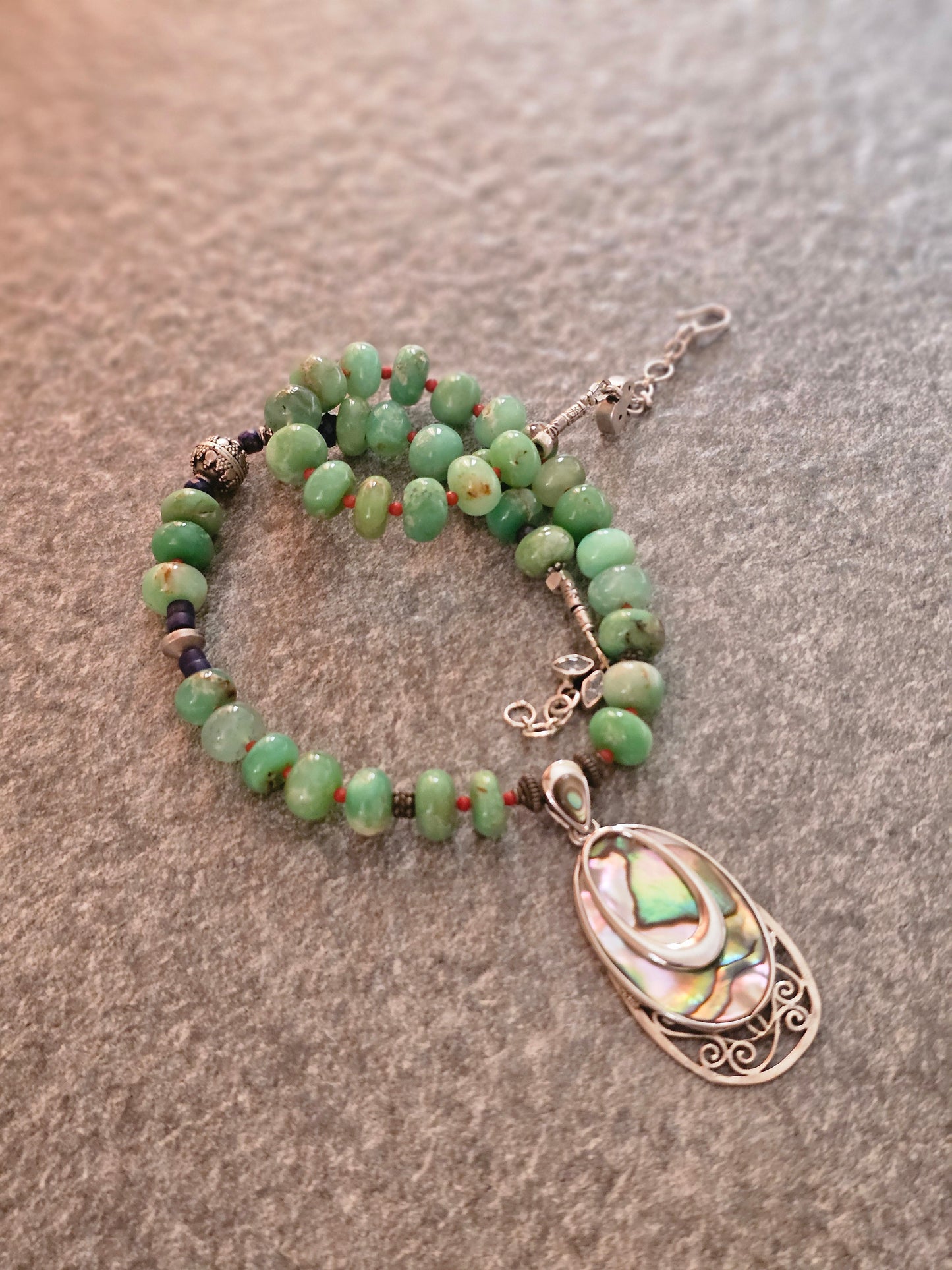 Chrysoprace gemstone necklace abalone shell pendant