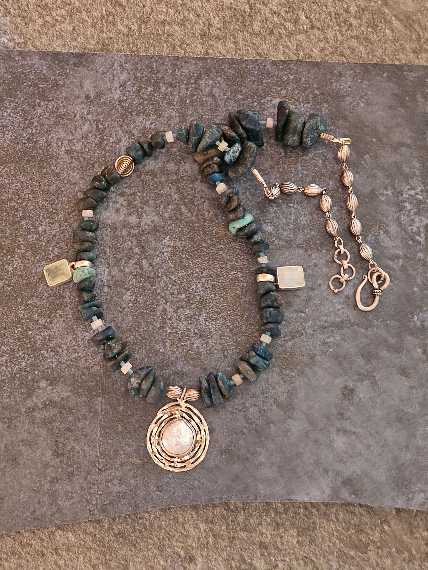 Apatite necklace mother of pearl nest pendant