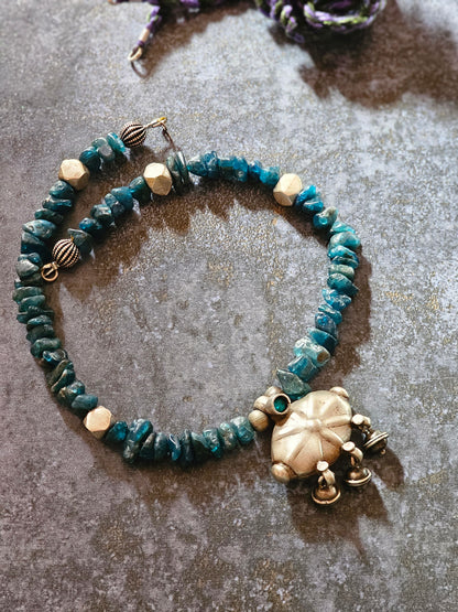 Apatite Blue Necklace with Vintage Silver Pendant & Adjustable Tassel