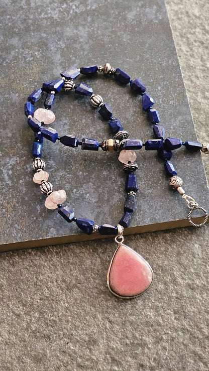 Rhodocrhrosite pendant with faceted Lapis Necklace