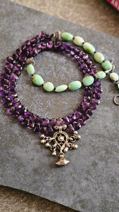 Amethyst, Chrysoprase & Vintage Silver Double-Strand Necklace