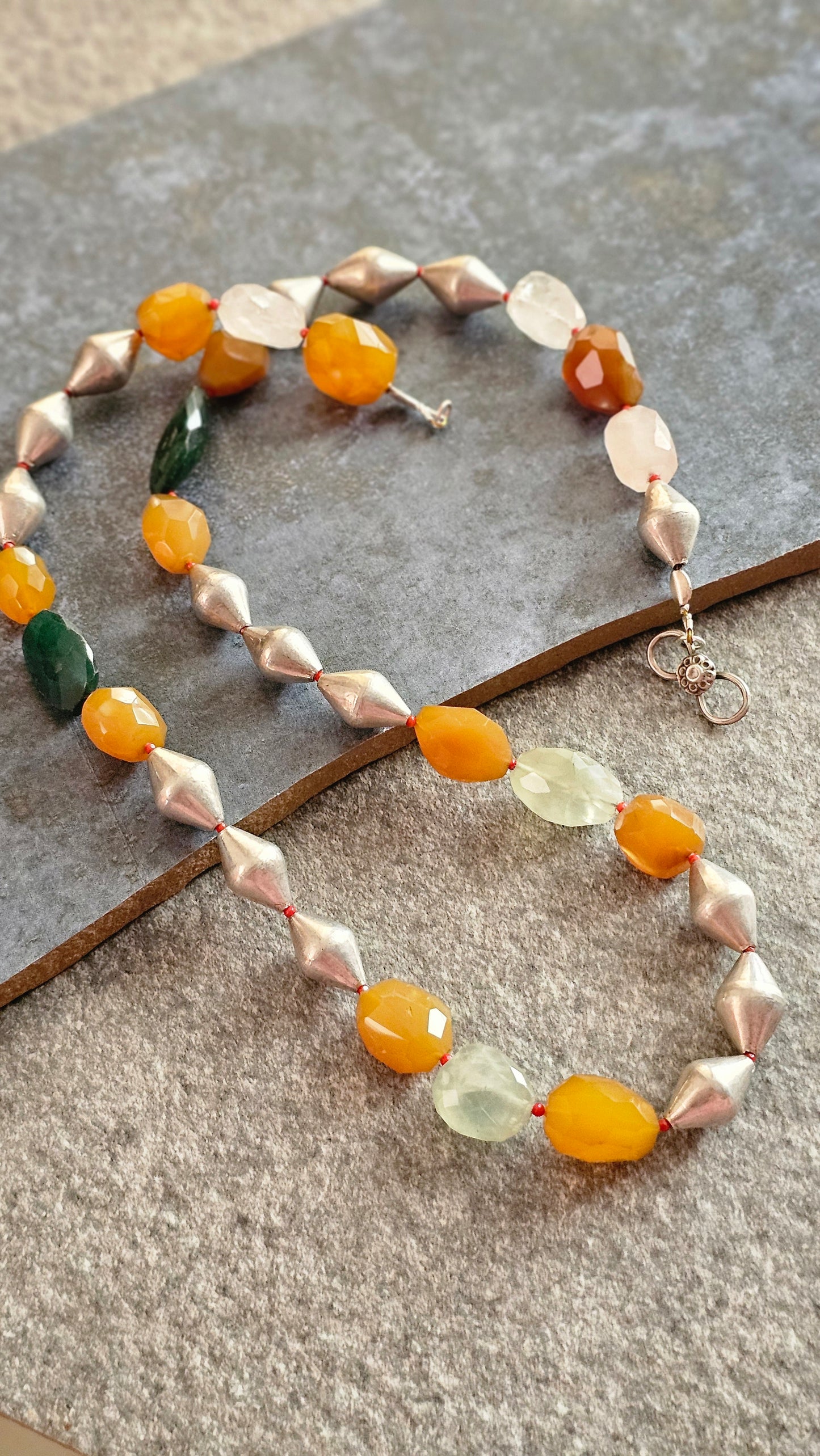 Mixed gemstones necklace with silver wax dholki beads