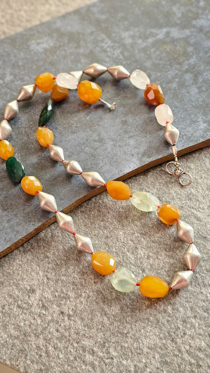Mixed gemstones necklace with silver wax dholki beads