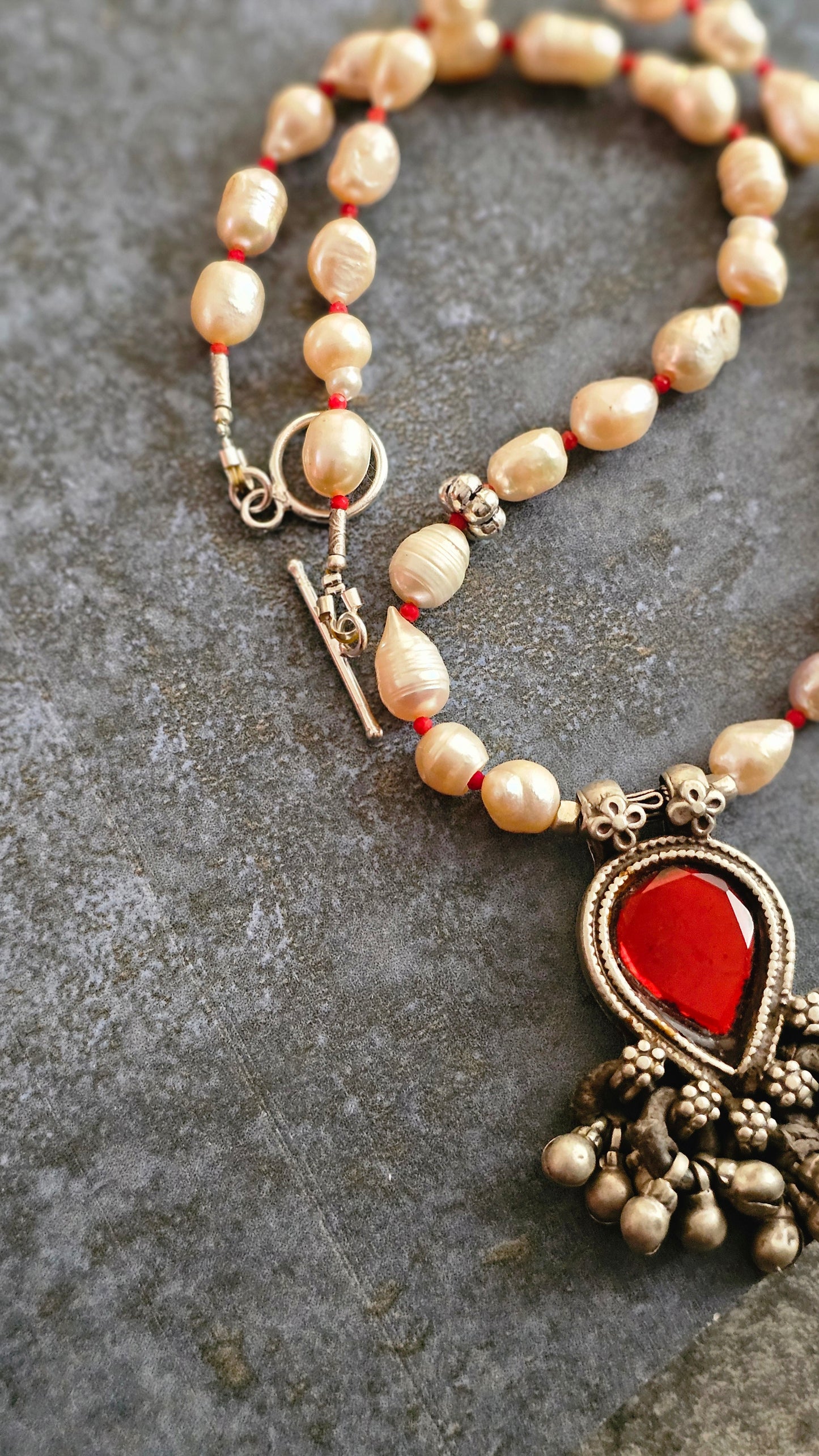 Scarlet Relic|Soul Strung| Freshwater Baroque Pearls × Vintage Blood Red Glass Pendant