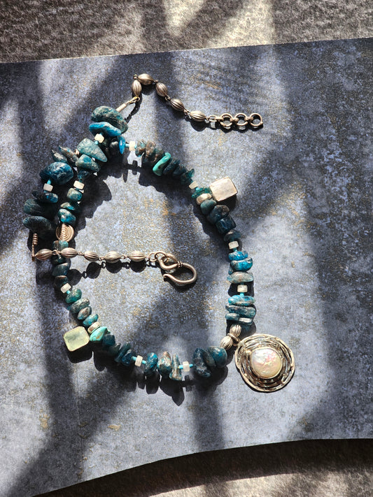 Apatite necklace mother of pearl nest pendant