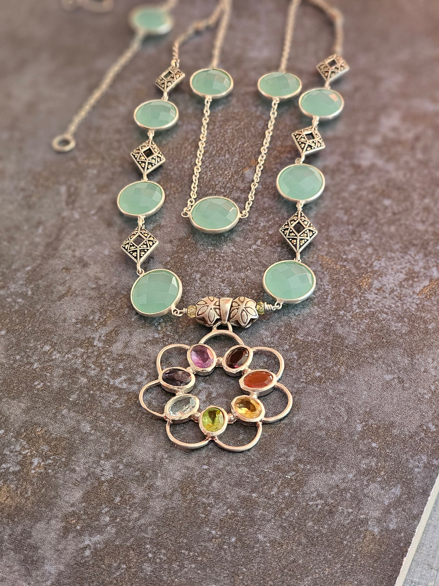 Chakra pendant with chalcedony and marcasite details necklace