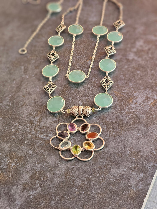 Chakra pendant with chalcedony and marcasite details necklace