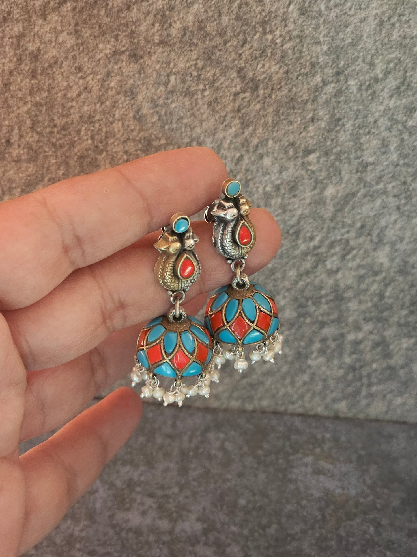 Turquoise and coral silver fusion jhumkas