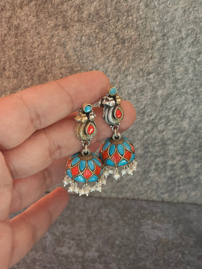 Turquoise and coral silver fusion jhumkas