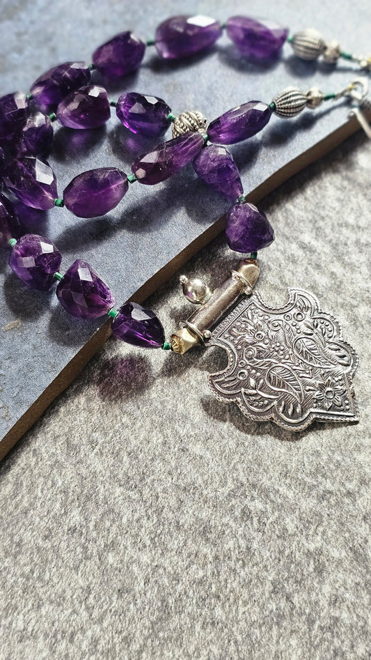 Soul Strung. Monsoon | Faceted Amethyst Necklace with Twin Peacock Silver Pendant