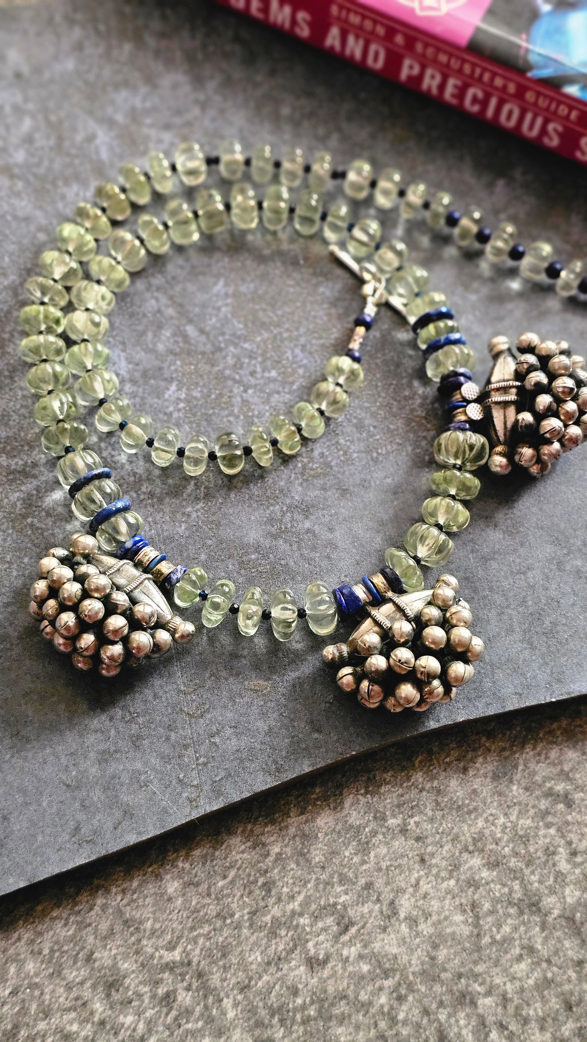 African Prehnite, Lapis Lazuli & Silver Gajra Necklace