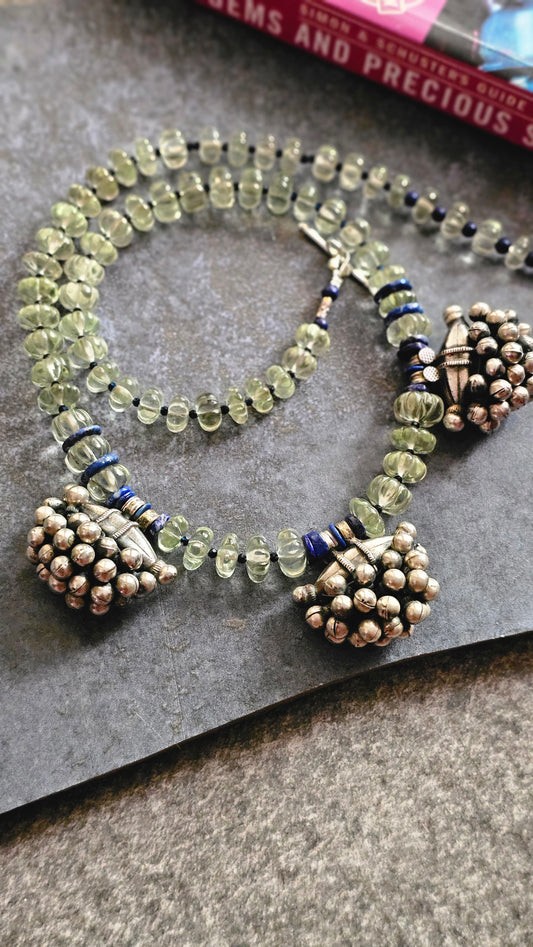 African Prehnite, Lapis Lazuli & Silver Gajra Necklace