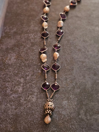Silver Amethyst, Baroque pearls necklace