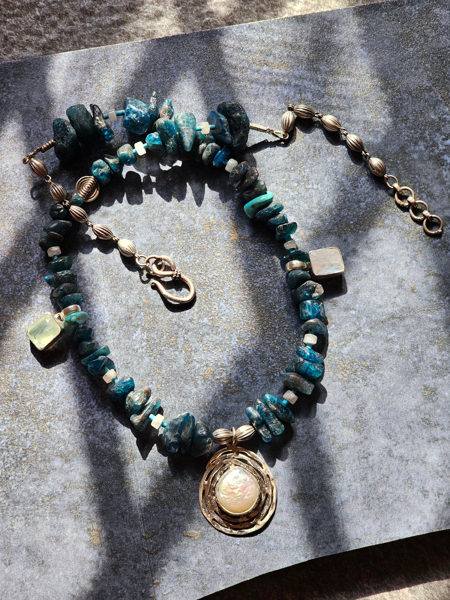 Apatite necklace mother of pearl nest pendant