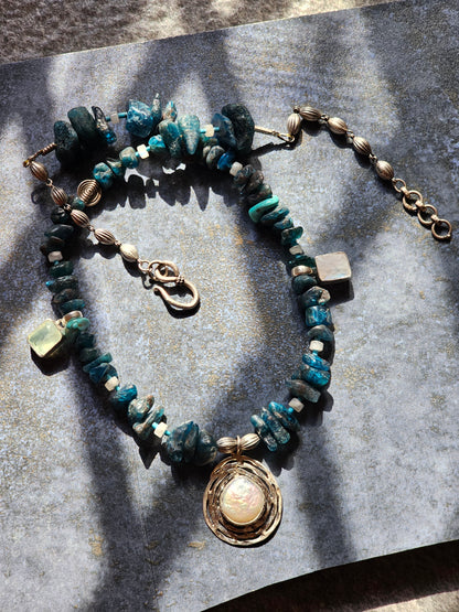 Apatite necklace mother of pearl nest pendant