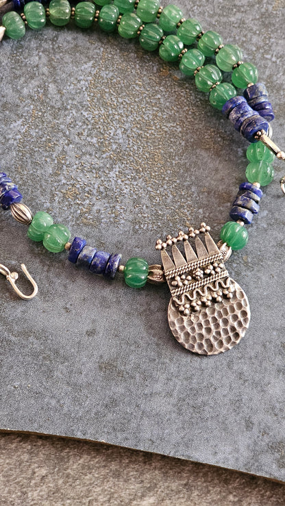 Strawberry quartz and lapis lazuli necklace with vintage elements