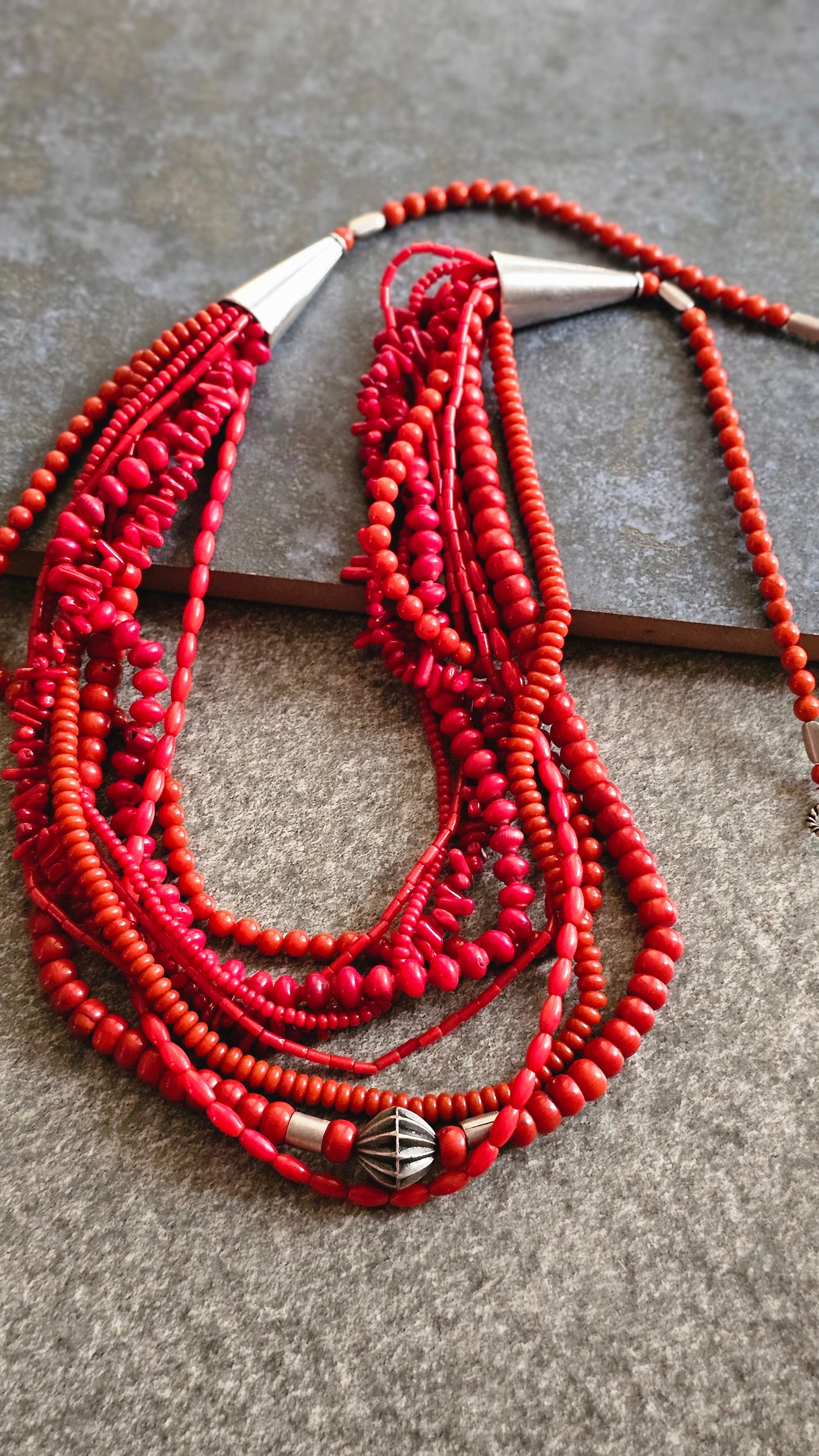 SURKH | Multi-Strand Coral & Silver Necklace