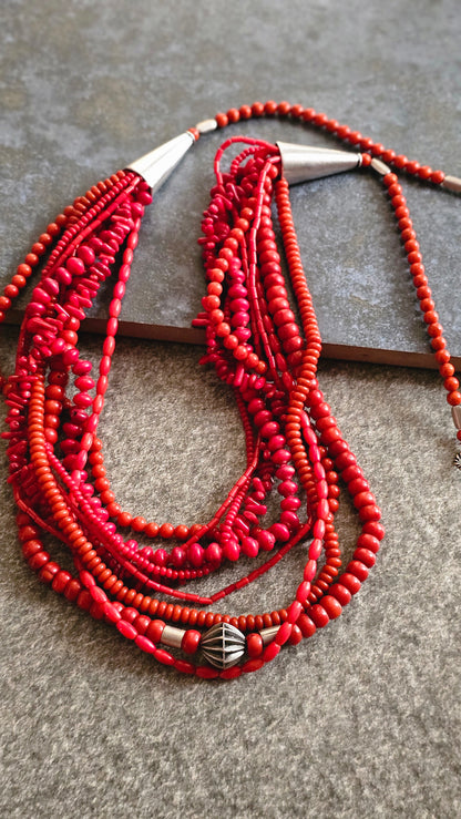 SURKH | Multi-Strand Coral & Silver Necklace