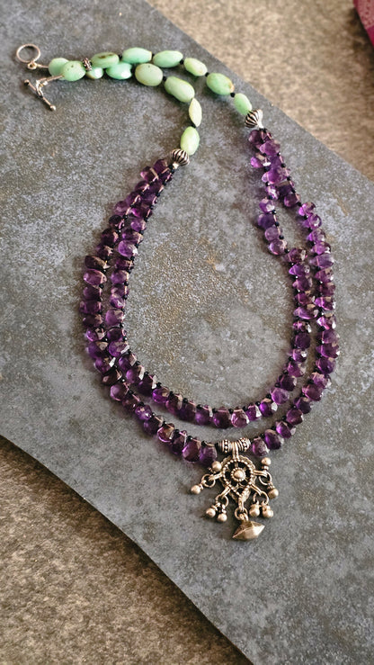 Amethyst, Chrysoprase & Vintage Silver Double-Strand Necklace