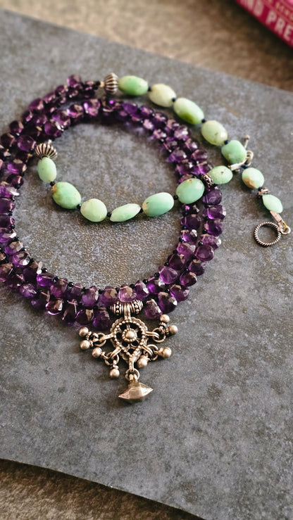Amethyst, Chrysoprase & Vintage Silver Double-Strand Necklace