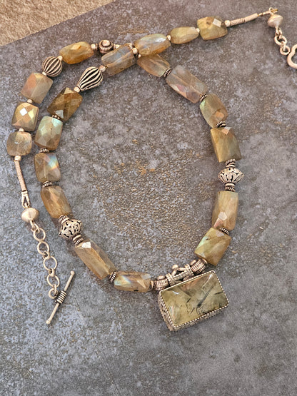 Phrenite moss Agate and labrodrite necklace