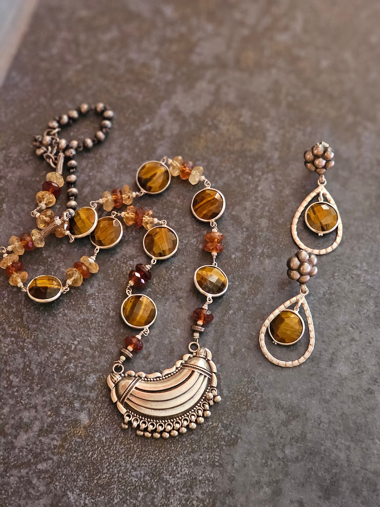 Hessonite Statement silver Necklace