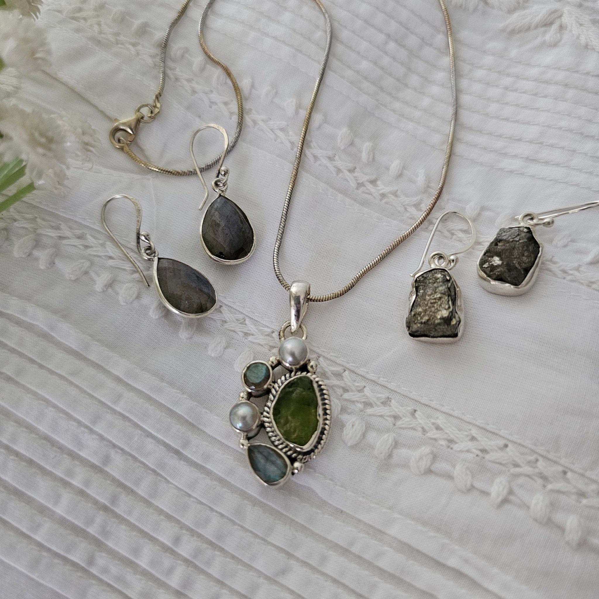 Silver 92.5 Pyrite bezel necklace set