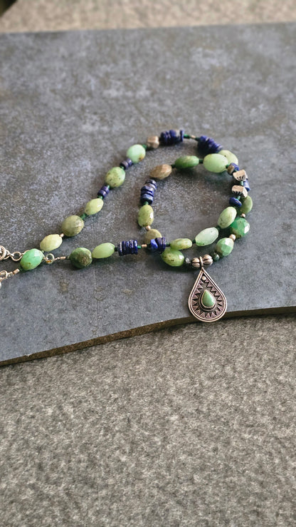 Olive green Chrysoprase & Lapis Statement Necklace in 92.5 Silver