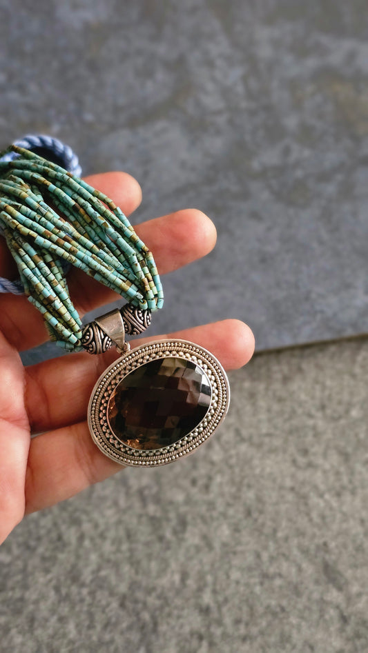 Afghani Turquoise strings with Smoky Topaz pendant necklace