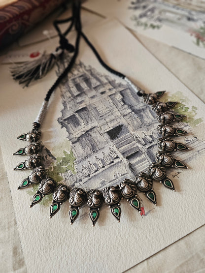 92.5 Silver Nakash Anam Motif Kolhapuri-Style Short Necklace with Green Kempu Detailing — Limited Edition