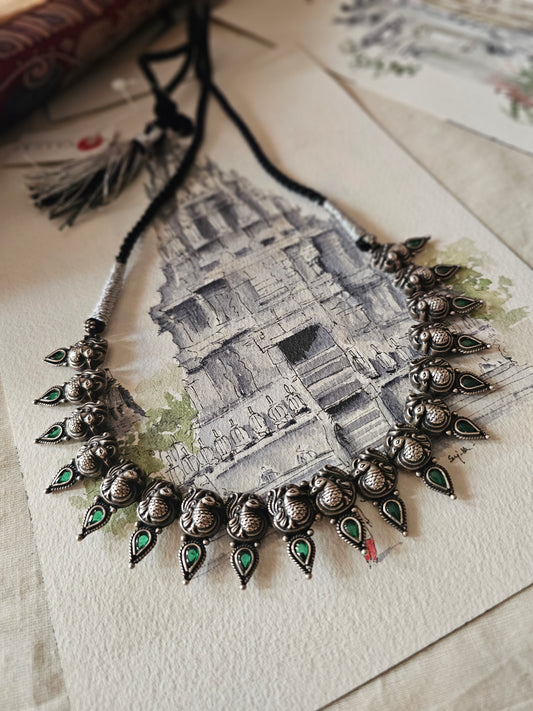 92.5 Silver Nakash Anam Motif Kolhapuri-Style Short Necklace with Green Kempu Detailing — Limited Edition